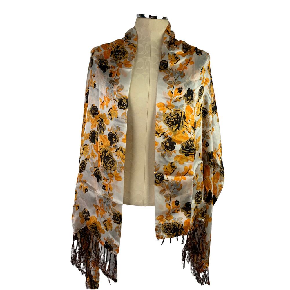 New Silk Scarf Orange Rose Floral Scarf Brown Fringe New 21 x 62"